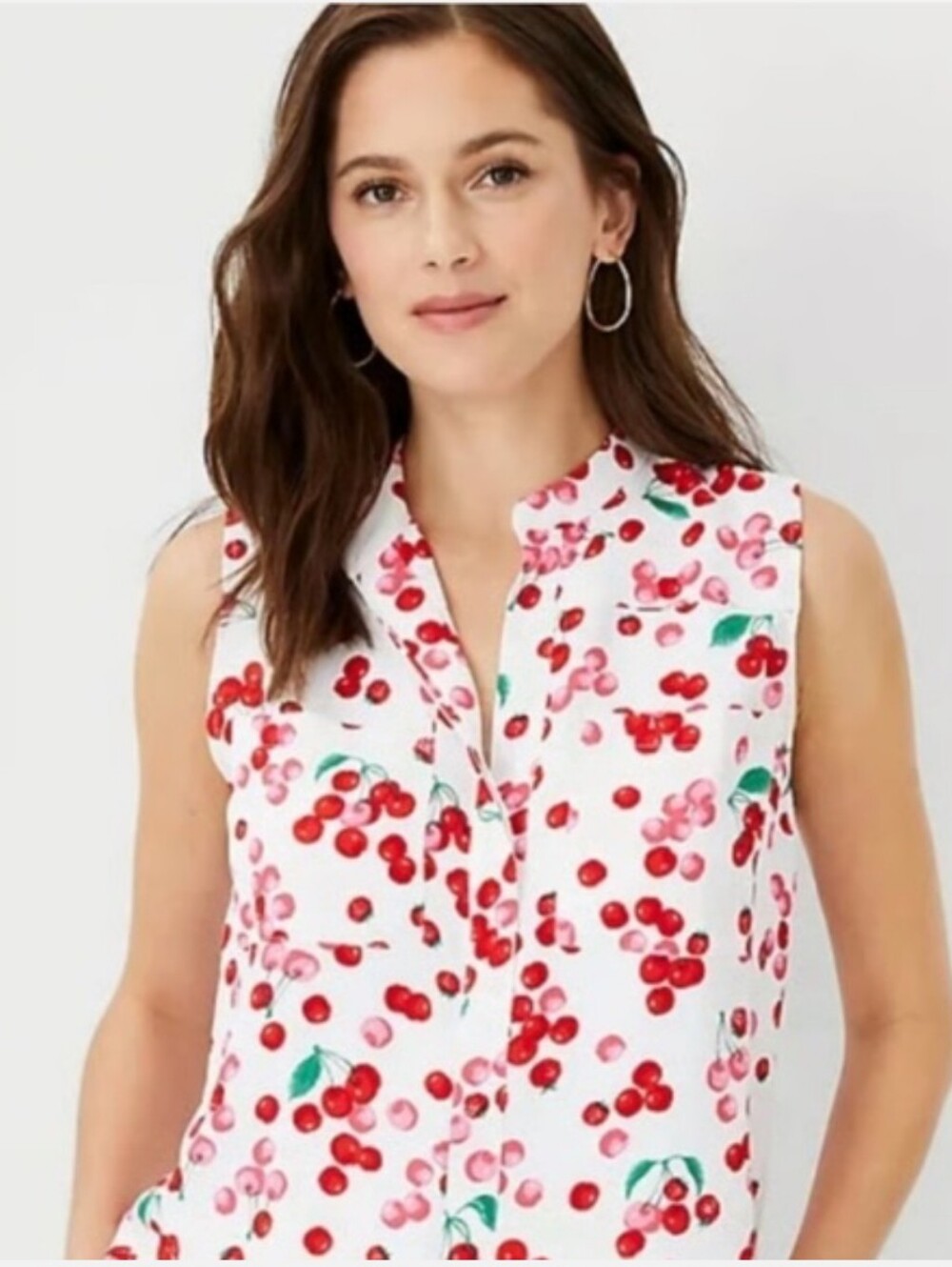 Ann Taylor Cherry Print Sleeveless Blouse - White and Red, XL